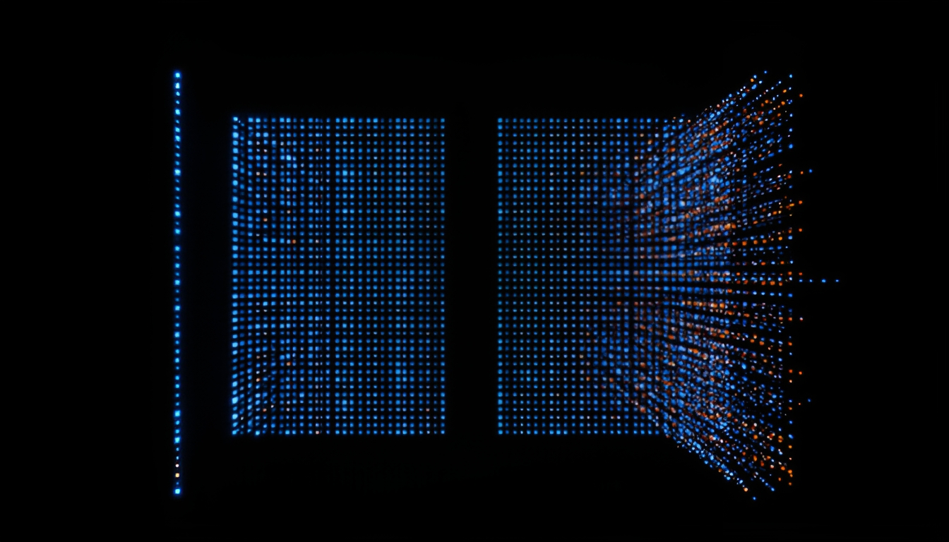 Abstract dark render of two parallel grids of small glowing dots in slightly different arrangements, converging onto one stable ranked column on the left but fanning into a diverging, unstable ranked column on the right as the grid grows