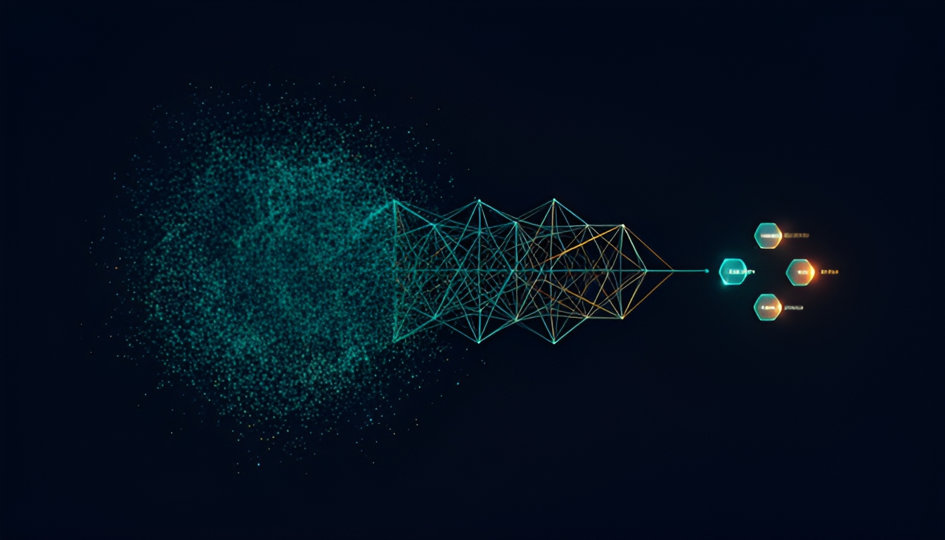 Abstract technical illustration of a dense cloud of data points resolving into a small lattice of glowing interpretable nodes against a dark background