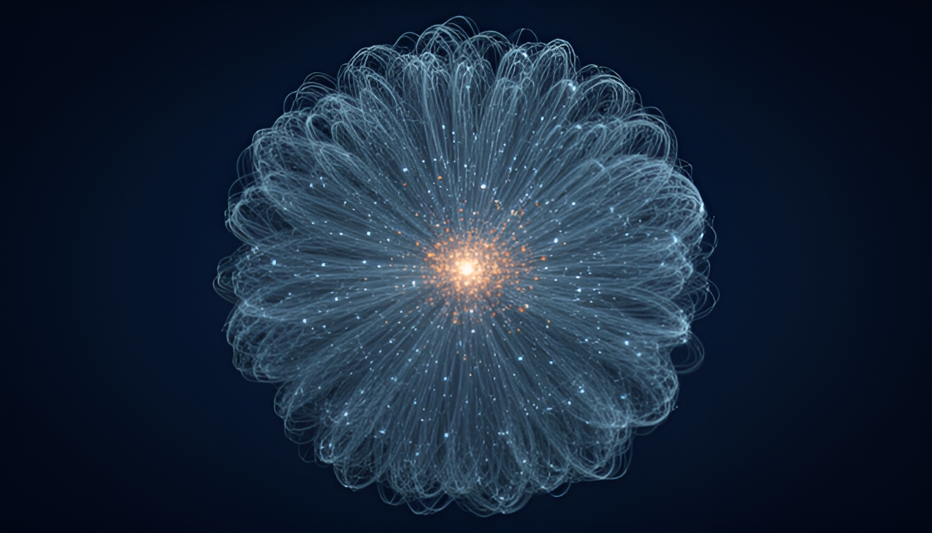 Abstract visualization of thin sampling trails passing through a dense cloud of points and converging on a smaller glowing subset, representing coreset selection without labels